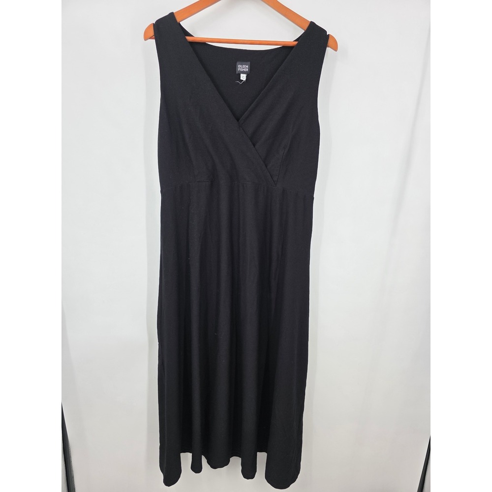Eileen Fisher Black Surplice V-Neck Empire Waist Midi Dress Womens Size L